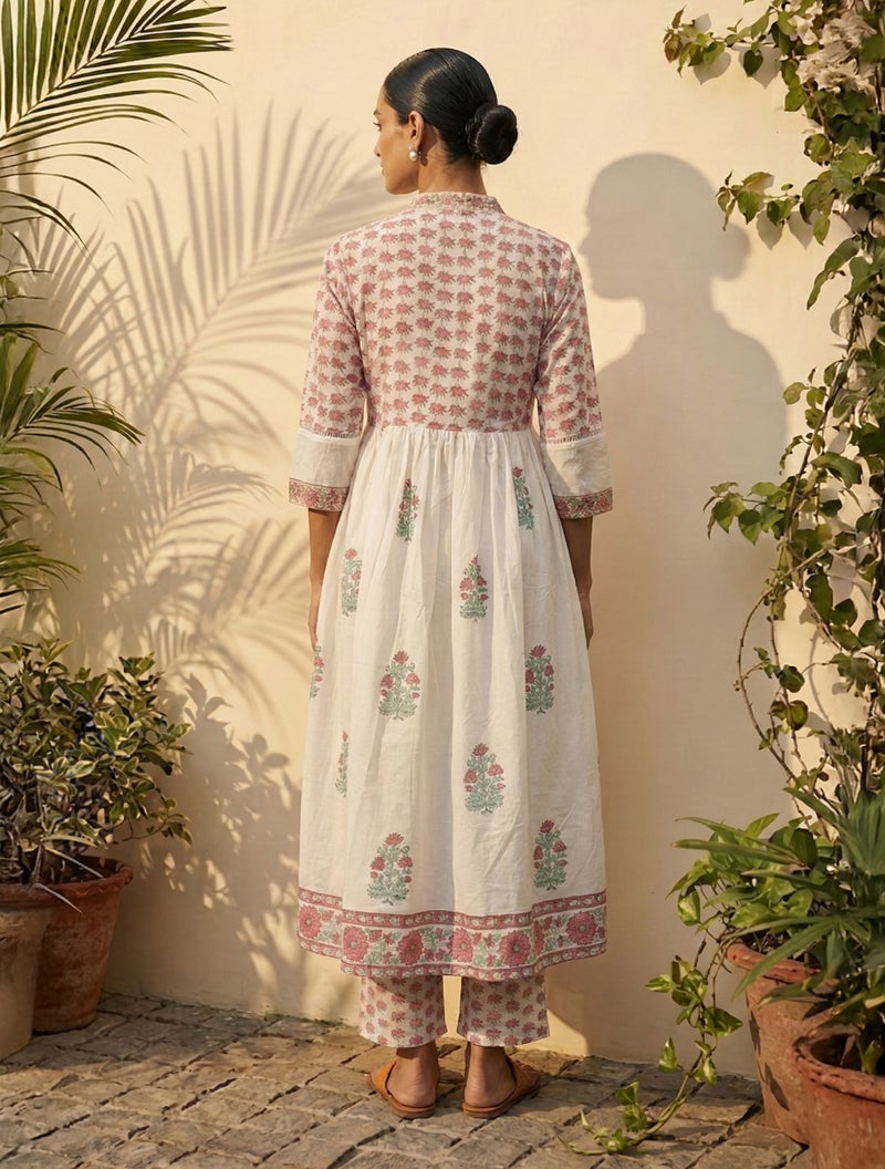 trueBrowns White Pink Boota Print Anarkali Kurta Pant Dupatta Set - Image 2